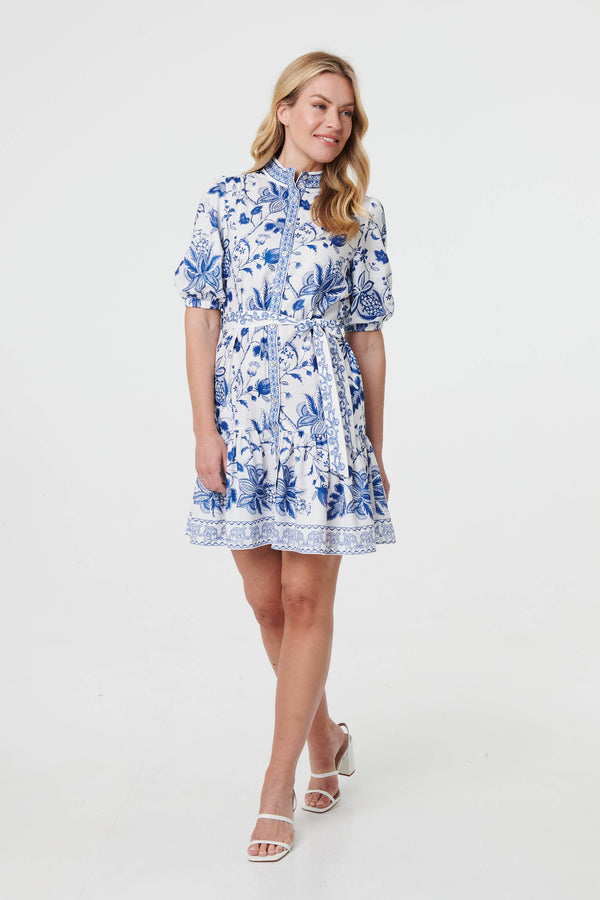 Blue | Printed Tie Waist 1/2 Sleeve Short Dress

