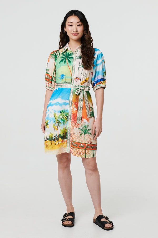 Orange | Tropical Print Tie Waist 1/2 Sleeve Mini Dress
