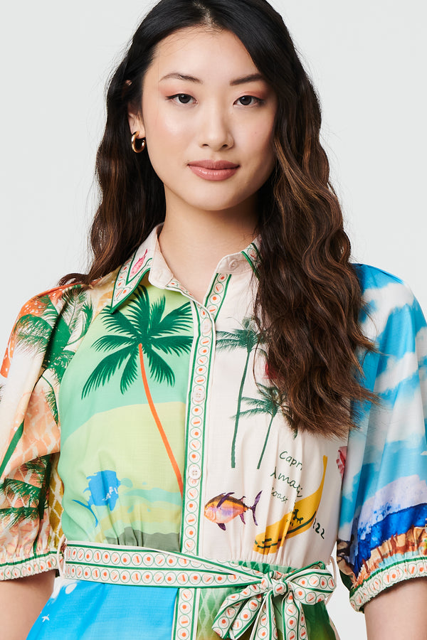 Orange | Tropical Print Tie Waist 1/2 Sleeve Mini Dress
