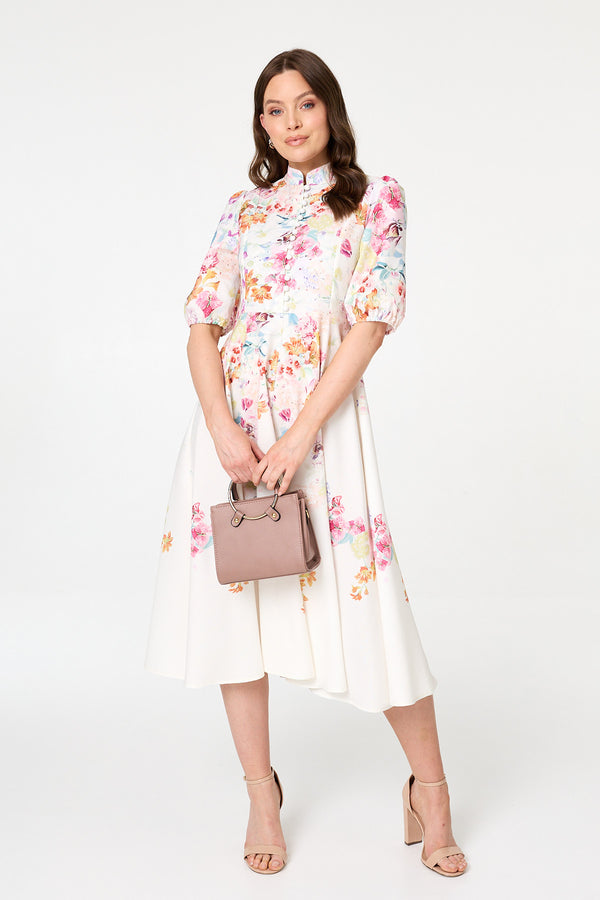 Cream | Floral 1/2 Sleeve High Neck Midi Dress