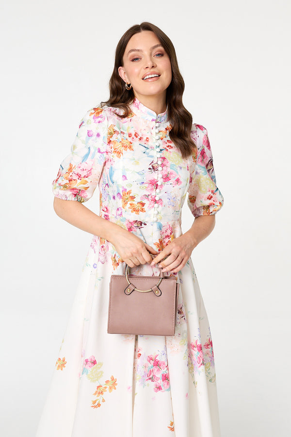 Cream | Floral 1/2 Sleeve High Neck Midi Dress