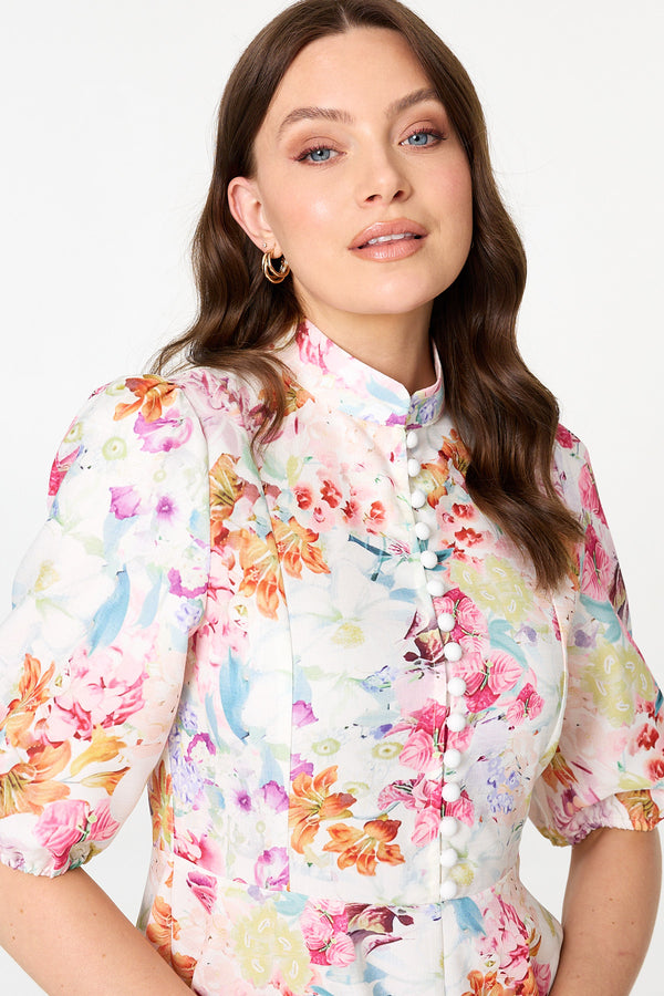 Cream | Floral 1/2 Sleeve High Neck Midi Dress