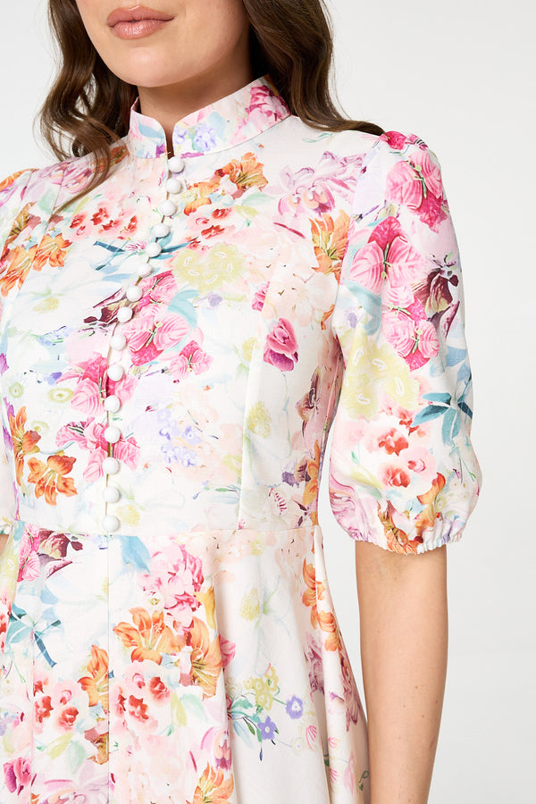 Cream | Floral 1/2 Sleeve High Neck Midi Dress