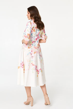 Cream | Floral 1/2 Sleeve High Neck Midi Dress