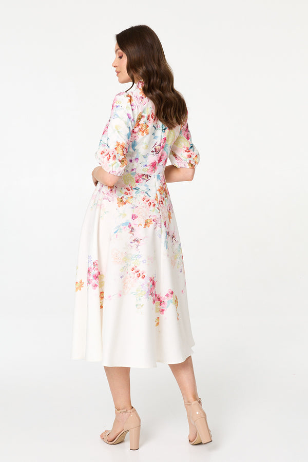Cream | Floral 1/2 Sleeve High Neck Midi Dress