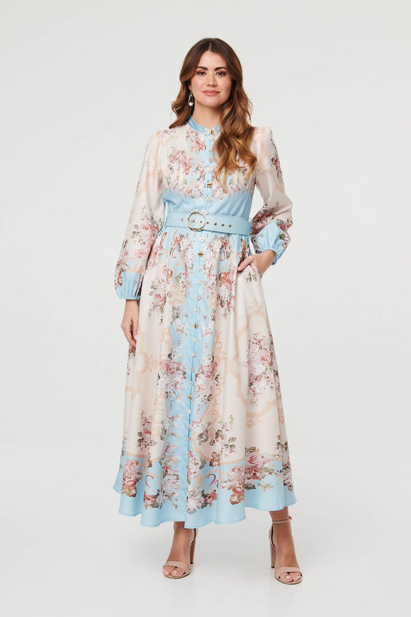 Blue | Floral Button Detail Belted Maxi Dress