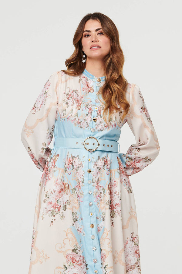 Blue | Floral Button Detail Belted Maxi Dress