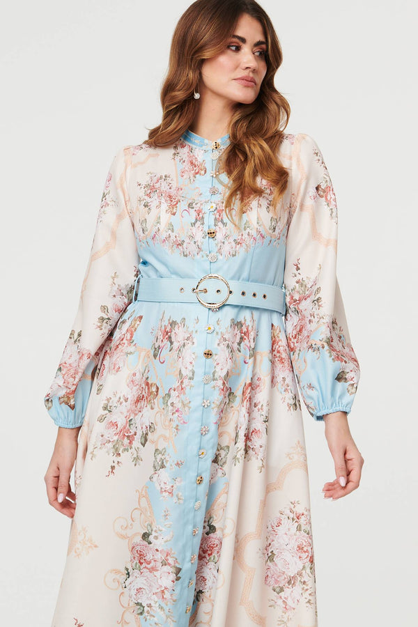 Blue | Floral Button Detail Belted Maxi Dress
