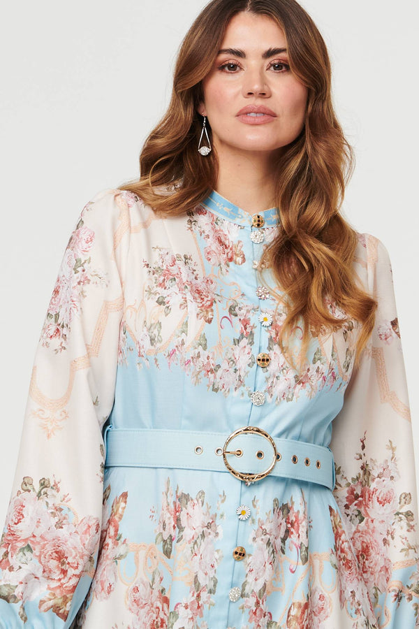 Blue | Floral Button Detail Belted Maxi Dress