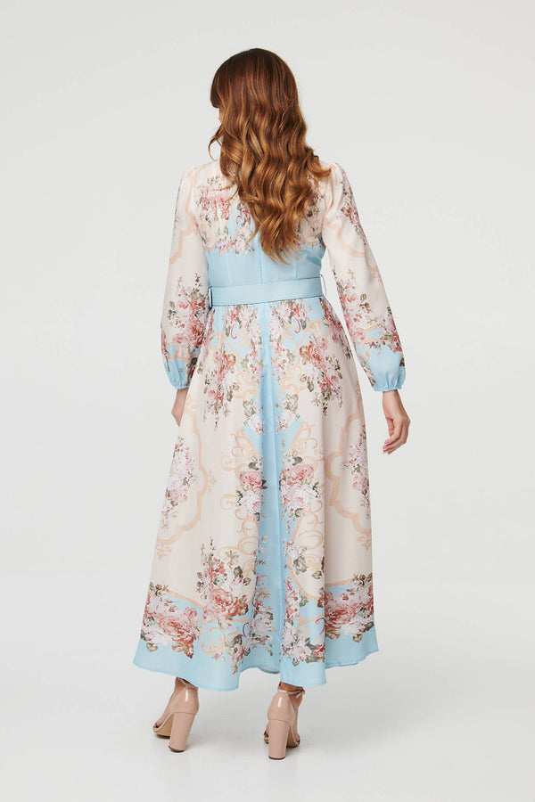 Blue | Floral Button Detail Belted Maxi Dress