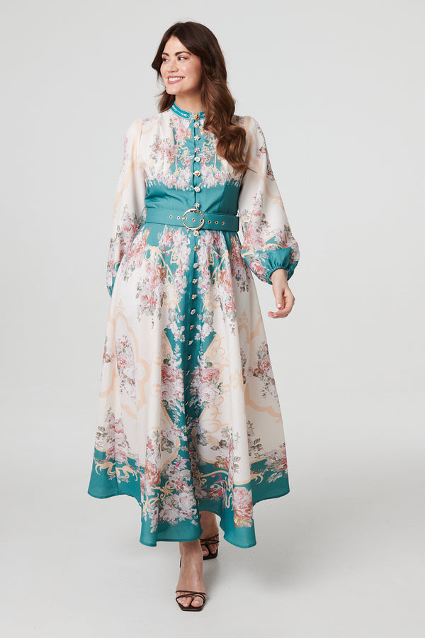 Green | Floral Button Detail Belted Maxi Dress
