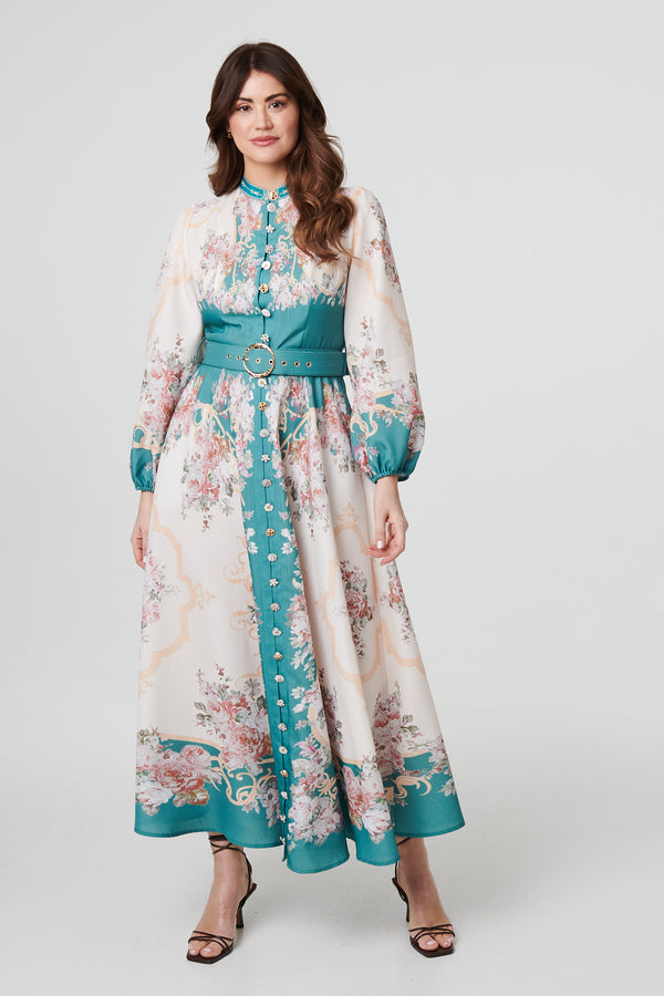 Green | Floral Button Detail Belted Maxi Dress
