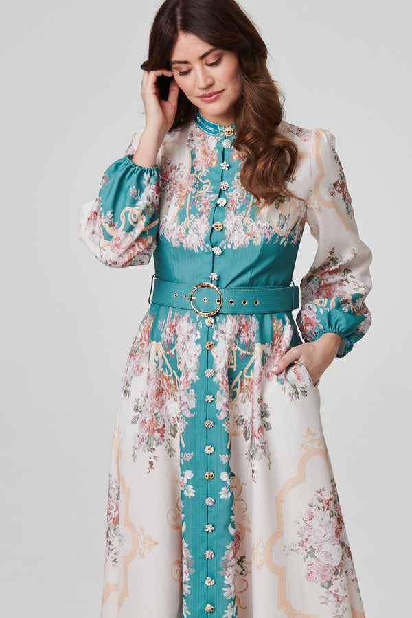 Green | Floral Button Detail Belted Maxi Dress
