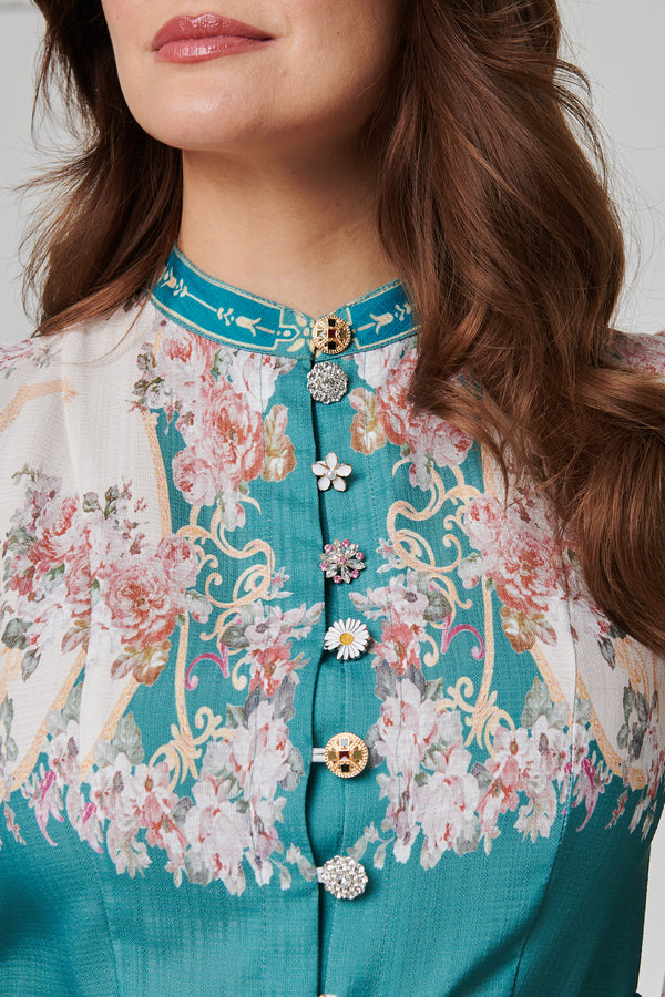 Green | Floral Button Detail Belted Maxi Dress
