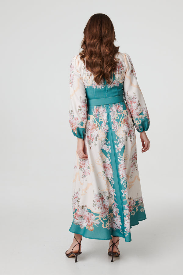 Green | Floral Button Detail Belted Maxi Dress
