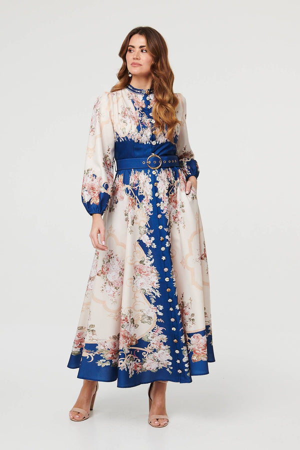 Navy | Floral Button Detail Belted Maxi Dress