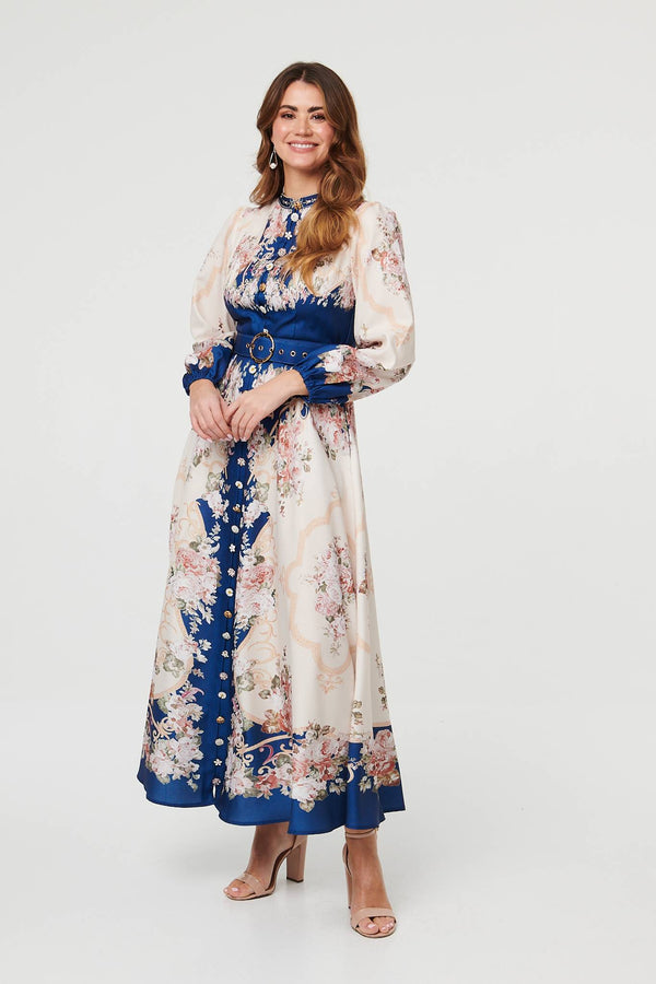 Navy | Floral Button Detail Belted Maxi Dress