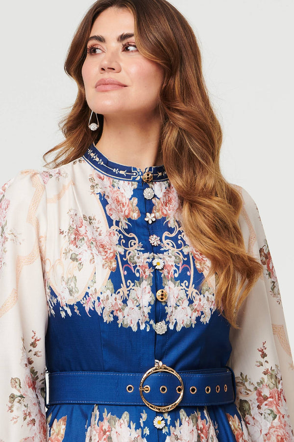 Navy | Floral Button Detail Belted Maxi Dress