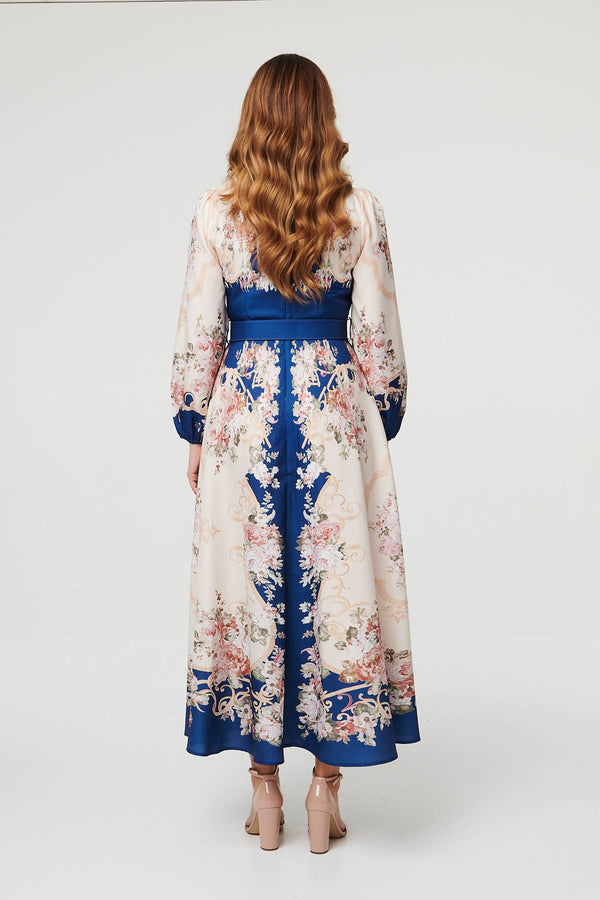 Navy | Floral Button Detail Belted Maxi Dress
