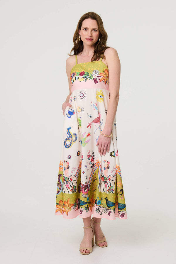 Pink | Printed A-Line Sleeveless Midi Dress

