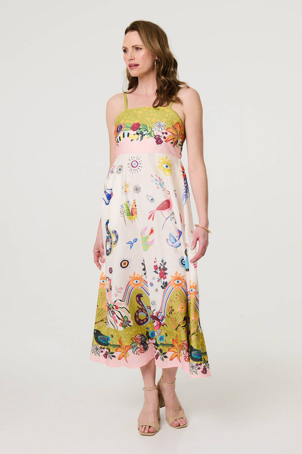 Pink | Printed A-Line Sleeveless Midi Dress
