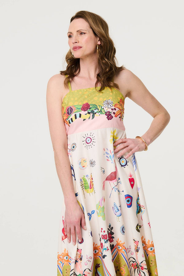 Pink | Printed A-Line Sleeveless Midi Dress
