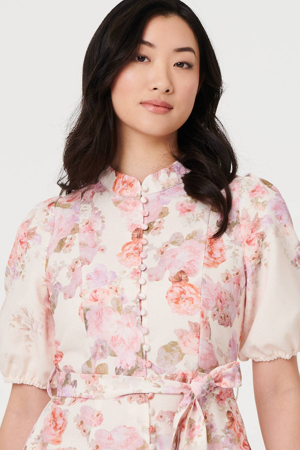 Pink | Floral Knee Length Tie Waist Dress