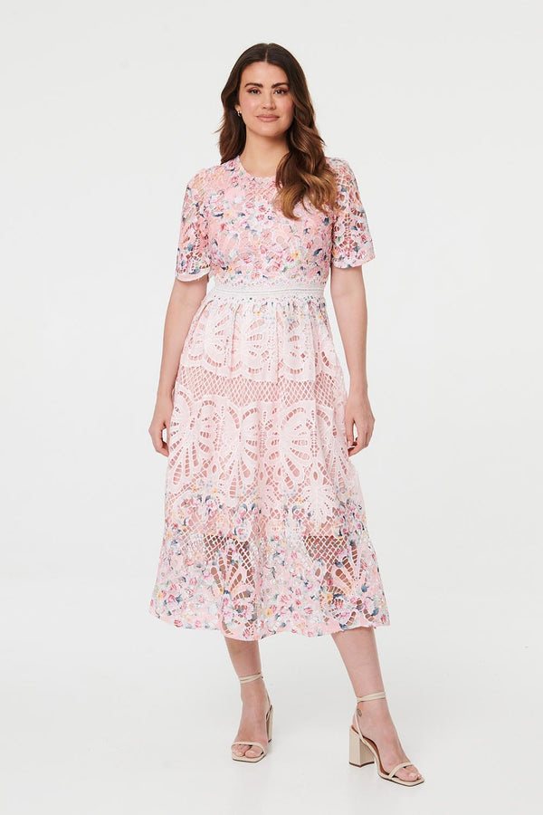 Pink | Floral Mesh Layer 1/2 Sleeve Midi Dress