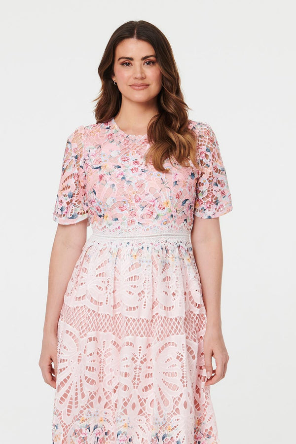 Pink | Floral Mesh Layer 1/2 Sleeve Midi Dress