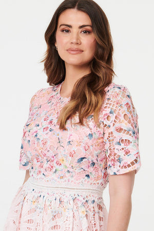 Pink | Floral Mesh Layer 1/2 Sleeve Midi Dress