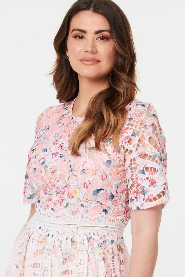 Pink | Floral Mesh Layer 1/2 Sleeve Midi Dress