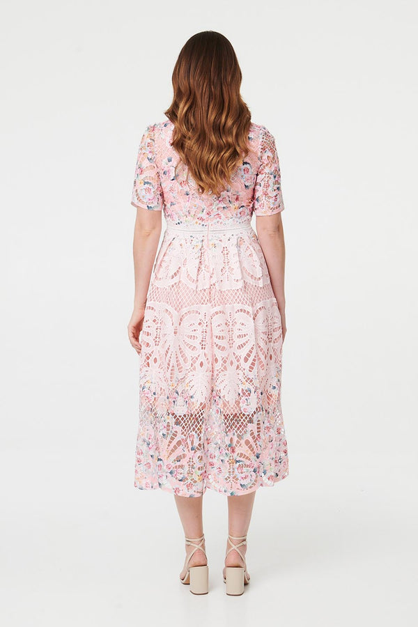 Pink | Floral Mesh Layer 1/2 Sleeve Midi Dress