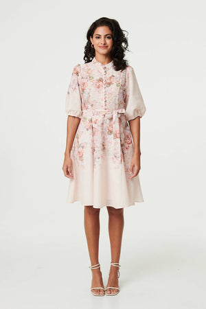 Cream | Floral Puff Sleeve Knee Length Dress
