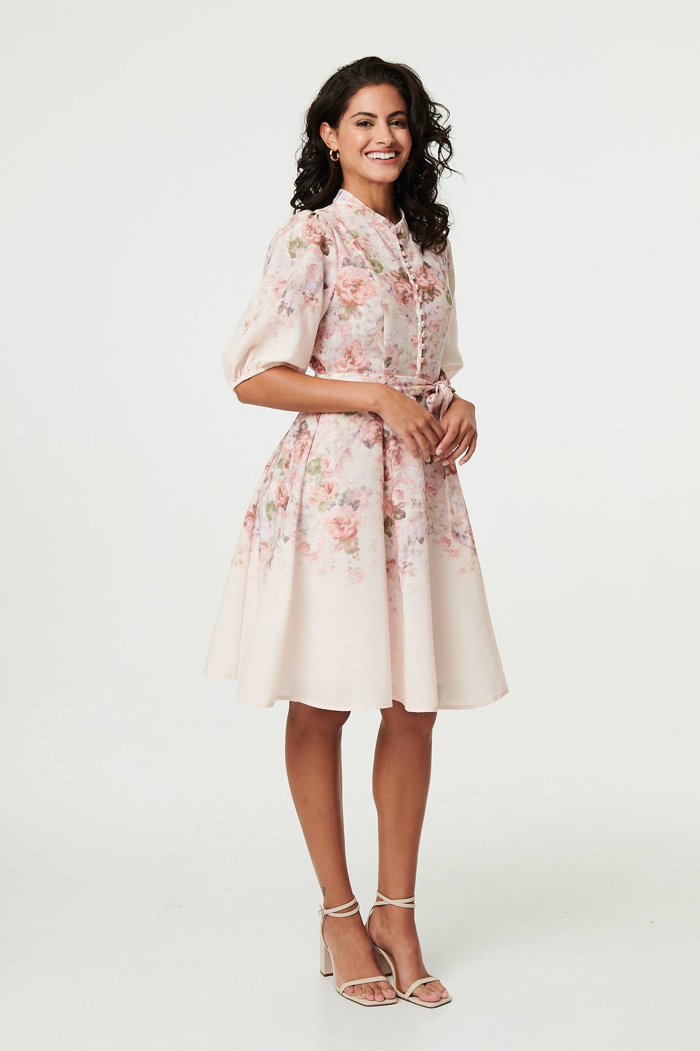 Floral 3/4 Puff Sleeve Knee Length Dress Izabel London