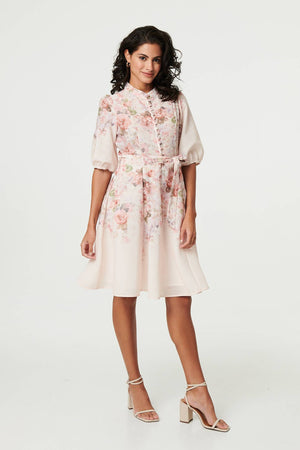 Cream | Floral Puff Sleeve Knee Length Dress
