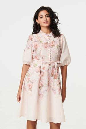 Cream | Floral Puff Sleeve Knee Length Dress
