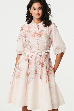 Cream | Floral Puff Sleeve Knee Length Dress
