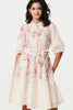 Cream | Floral 3/4 Puff Sleeve Knee Length Dress
