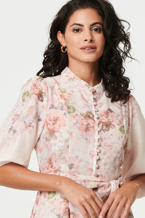 Cream | Floral Puff Sleeve Knee Length Dress
