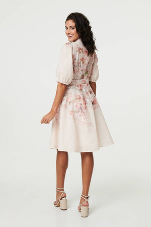 Cream | Floral Puff Sleeve Knee Length Dress
