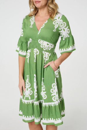 Green | Ikat Print 1/2 Sleeve Relaxed Short Dress
