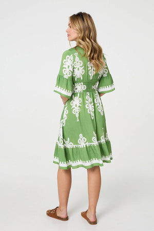 Green | Ikat Print 1/2 Sleeve Relaxed Short Dress
