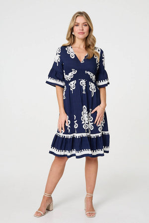 Navy | Ikat Print 1/2 Sleeve Relaxed Short Dress