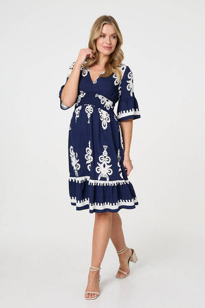Navy | Ikat Print 1/2 Sleeve Relaxed Short Dress