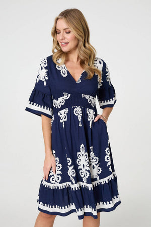 Navy | Ikat Print 1/2 Sleeve Relaxed Short Dress : Model is 5'10