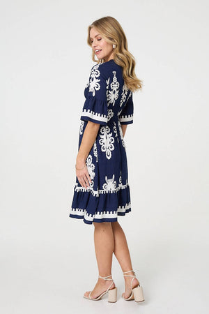 Navy | Ikat Print 1/2 Sleeve Relaxed Short Dress