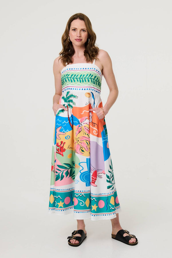 White | Tropical Print Sleeveless A-Line Maxi Dress
