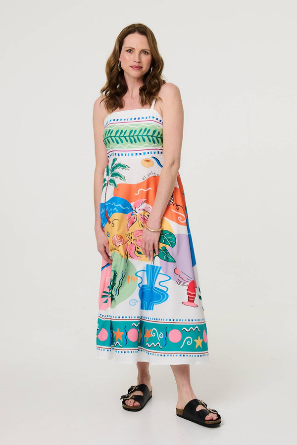 White | Tropical Print Sleeveless A-Line Maxi Dress
