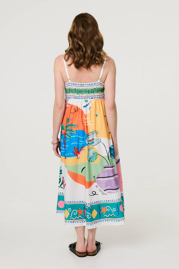 White | Tropical Print Sleeveless A-Line Maxi Dress
