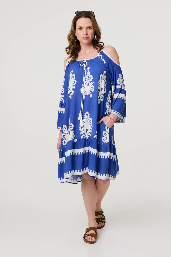 Blue | Ikat Print Cut Out Knee Length Sun Dress
